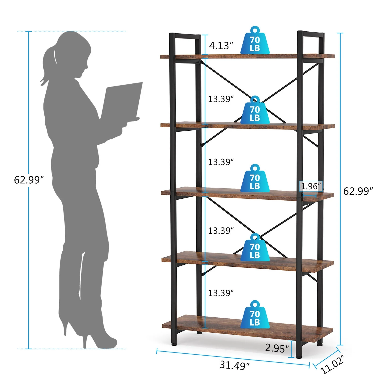 Tribesigns 5 Tier Shelf Unit for Living Room Office 62.99"H Rustic Brown Bookcase