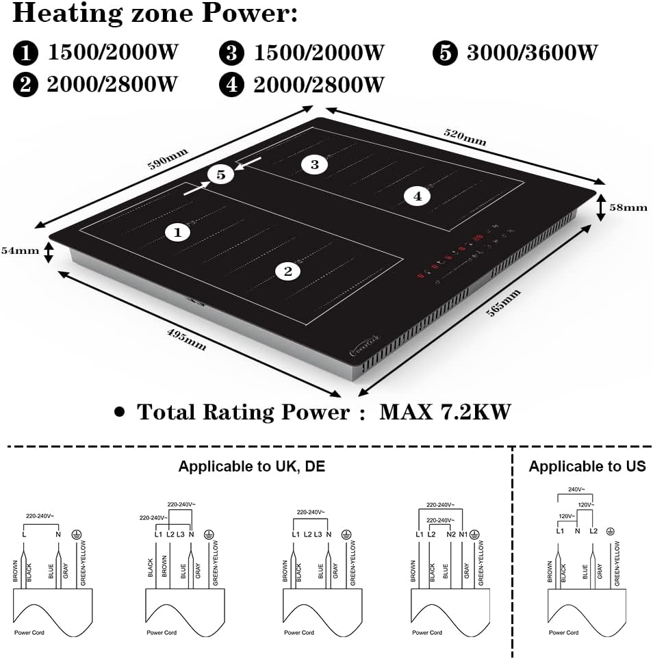 COVERCOOK Induction Cooktop 24 Inch, Built in Cooker Electric Hot Plate 4 Zones with 2 Flex Zones for Grill Plate BBQ, Power Boost, Child Safety Lock, Touch Control, Black 7200W