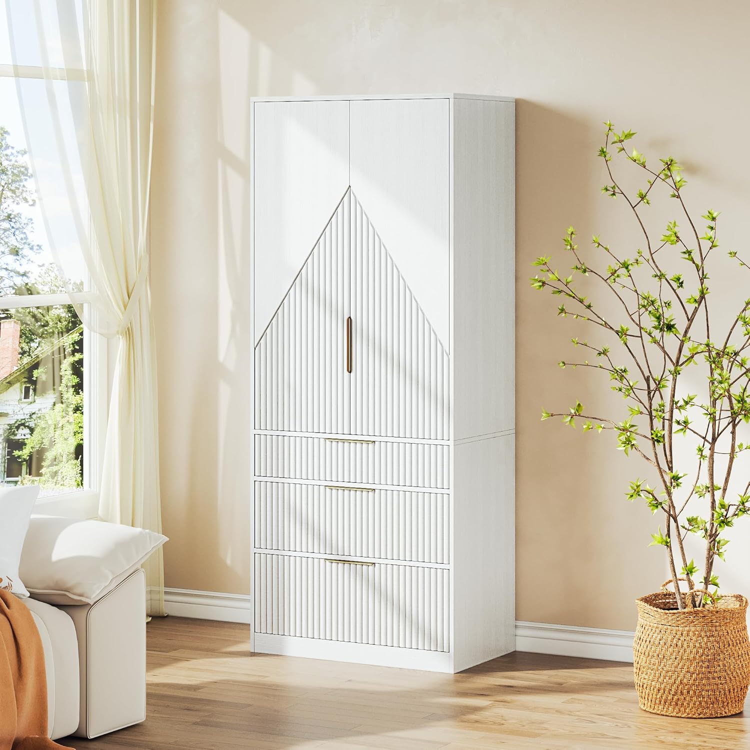 71.7 " Wardrobe Armoire Wooden Closet with 2 Doors and 3 Drawer, Bedroom Armoire with Hanging Rod Shelf, Large Capacity Storage Wardrobe Armoire, Freestanding Wooden Closet Storage Cabinet White