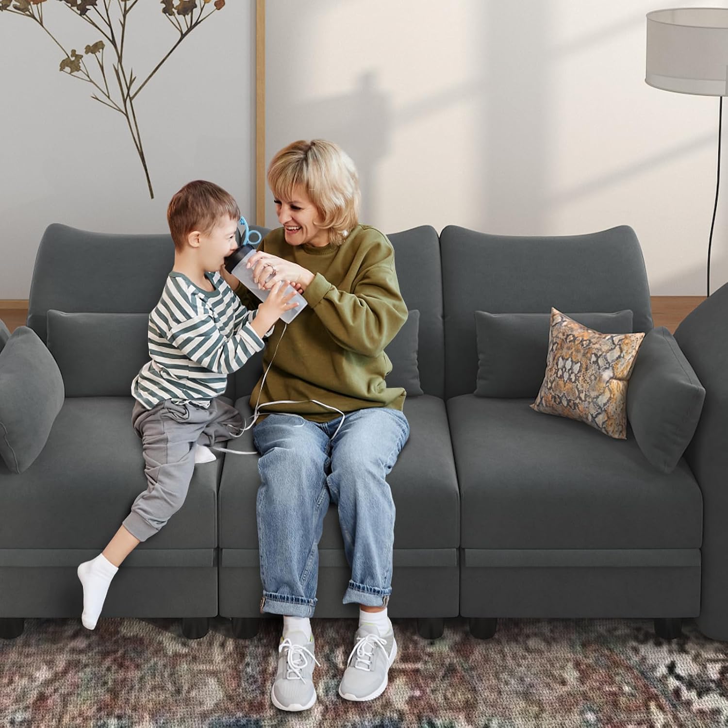 LLappuil Velvet Modular Sectional Sofa, 163.4" Oversized 8-Seater U Shaped Sectional Couch with Big Corner Ottoman, High Back Modular Couches with Storage Chaise for Living Room, Anti-Scratch Grey