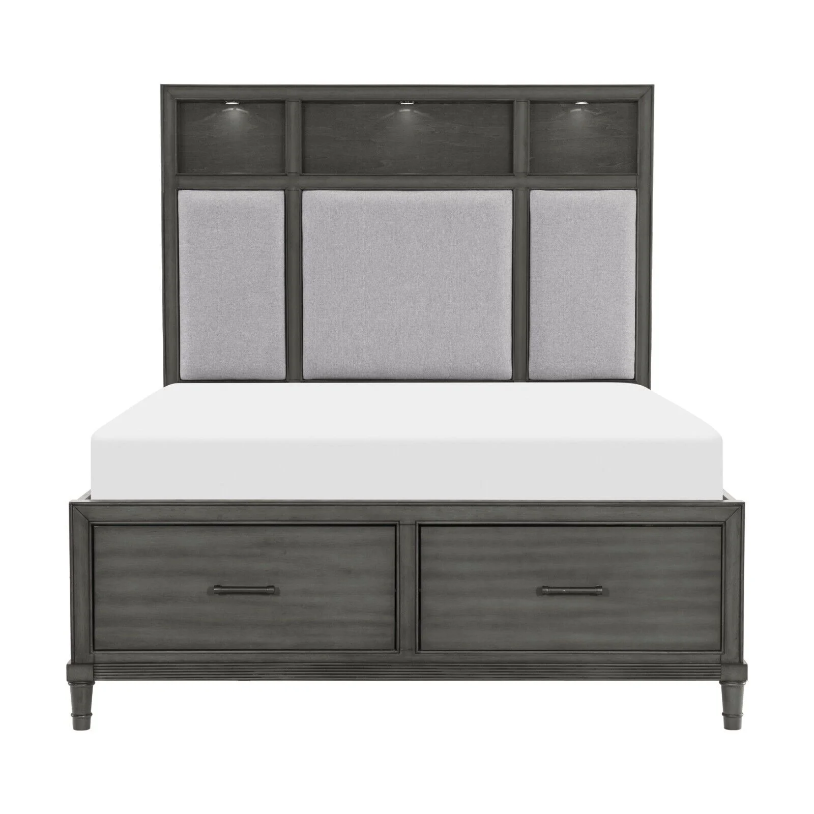 Transitional Style Platform Bed Queen Size w Footboard Storage USB Port Bookshelves LED Light Headboard Modern Furniture