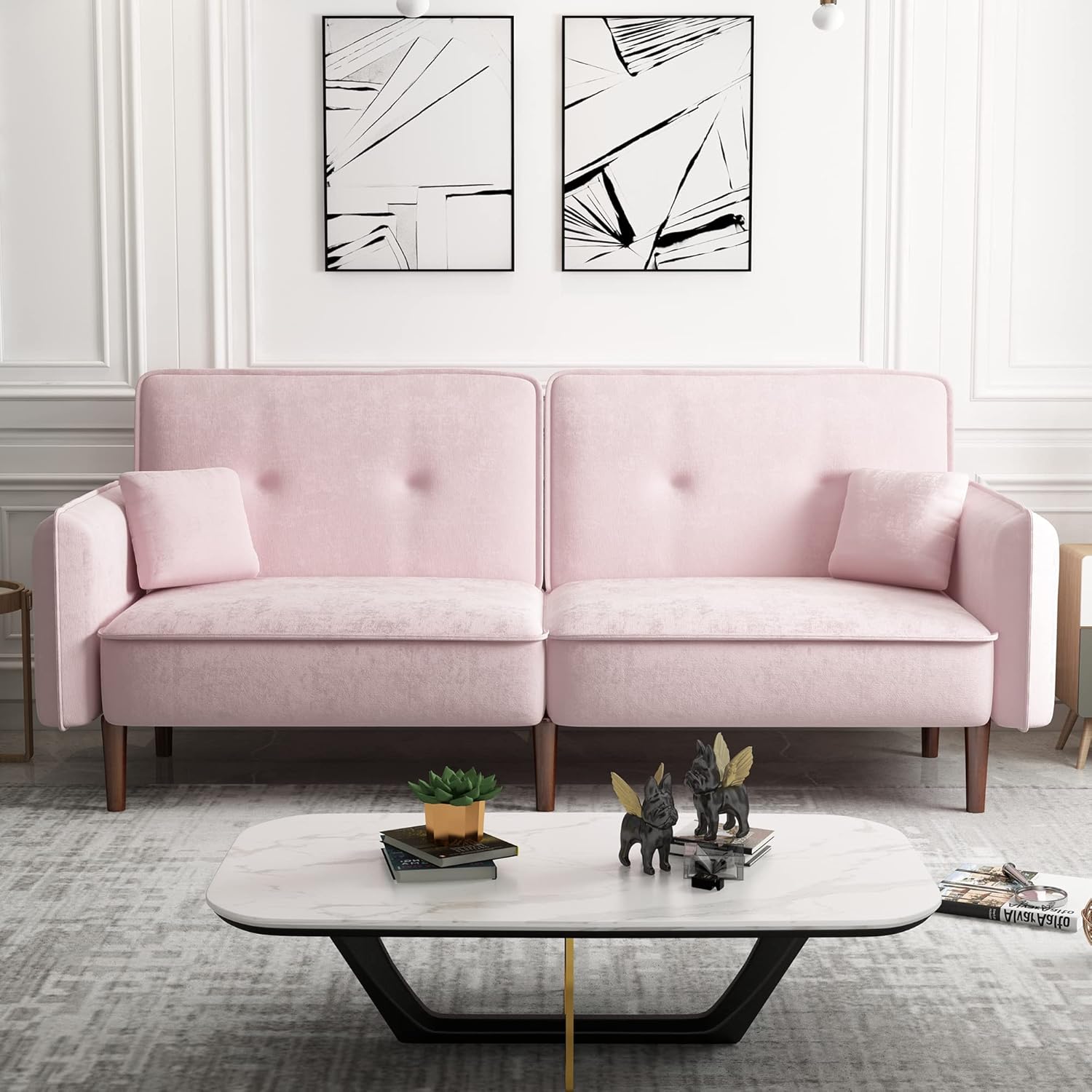 WILLIAMSPACE Futon Sofa Bed, Velvet Convertible Sleeper Sofa with Magazine Bag, Small Splitback Sofa with Tapered Solid Wood Leg, Padded Seat and Back, Loveseat Couch for Living Room, Pink