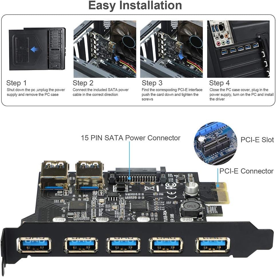 BEYIMEI USB pcie Card,PCI-E to USB 3.0 7 Ports Expasion Card with 15-Pin SATA Power Connector - PCI Express(PCIe) Expansion Card USB Card for Windows XP/Vista / 7/8/10 / Linux Pack of 2