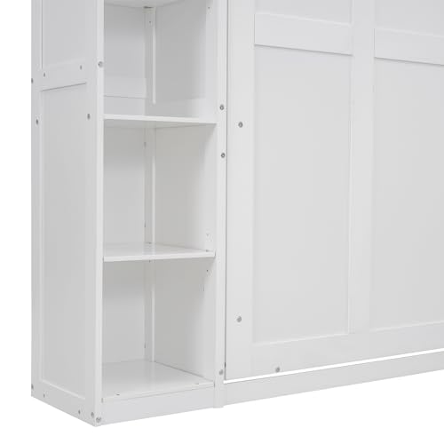 Queen Size Murphy Bed with Shelves and LED Lights, Foldable Wood Wall Bed Frame with Flexible Slats Support, Can Be Folded Into Cabinet, for Guest Room Bedroom, Space-Saving Design (White-02, Full)