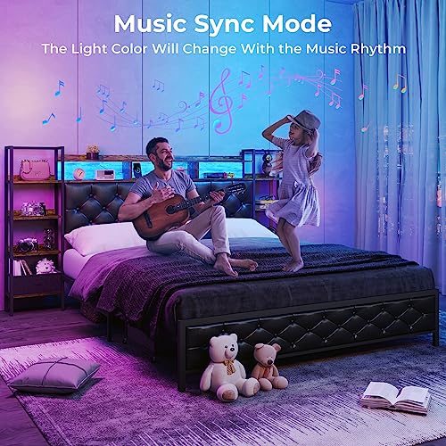 DICTAC Bed Frame King Size with Bookcase Storage Headboard and Charging Station King Size Metal Led Platform Bed with LED Lights and Upholstered Headboard,King Size Bed,No Box Spring Needed,Black