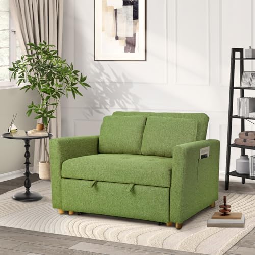 49" 2-Seater Loveseat Futon Sofa, 3-in-1 Convertible Sofa Bed, Linen Fabric Sleeper Couch Pull Out Bed with Spring Support,Adjustable Backrest, 2 Pillows for Living Room