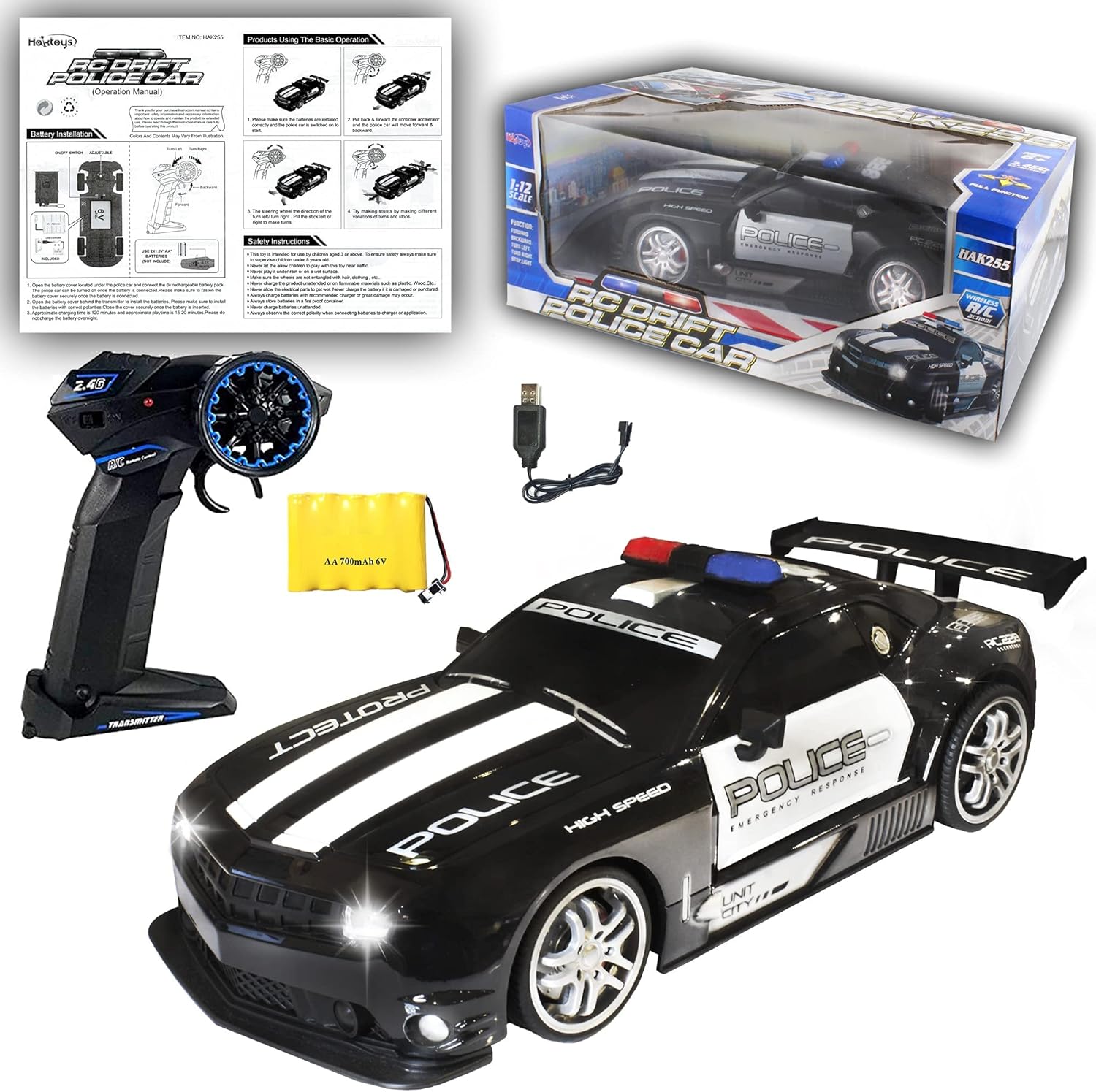 Haktoys Remote Control Police Car RC High Speed Cop Chase 1:12 Scale Radio Control Patrol Sports Vehicle with Headlights Pack of 2