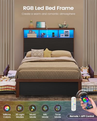 VIAGDO Wood Bed Frame Full Size with 4 Storage Drawers and Charging Station, Fluted Led Full Bed Frame with 2 Tier Storage Headboard, No Box Spring Needed,Wood