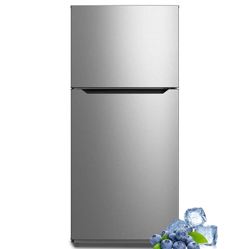 Refrigerator with Freezer, Top Freezer Apartment Size Refrigerator, Full Size Refrigerator, Stainless Steel Fridge, 2 Door Fridges with Adjustable Thermostat Control, for Bedroom