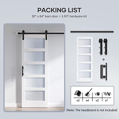 36x84 Inch Glass Sliding Barn Door Slab and 6.6ft Hardware Kit Included, 5 Frosted Glass, LVL Wood Panel Covered with White Water-Proof Scratch-Proof PVC Surface, Simple DIY Assembly