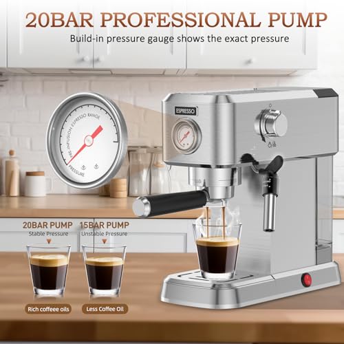 Espresso Machine, 20 Bar Espresso Maker with Milk Frother Steam Wand for Latte and Cappuccino, Compact Stainless Steel Espresso Coffee Machine with 50oz Removable Water Tank for Home