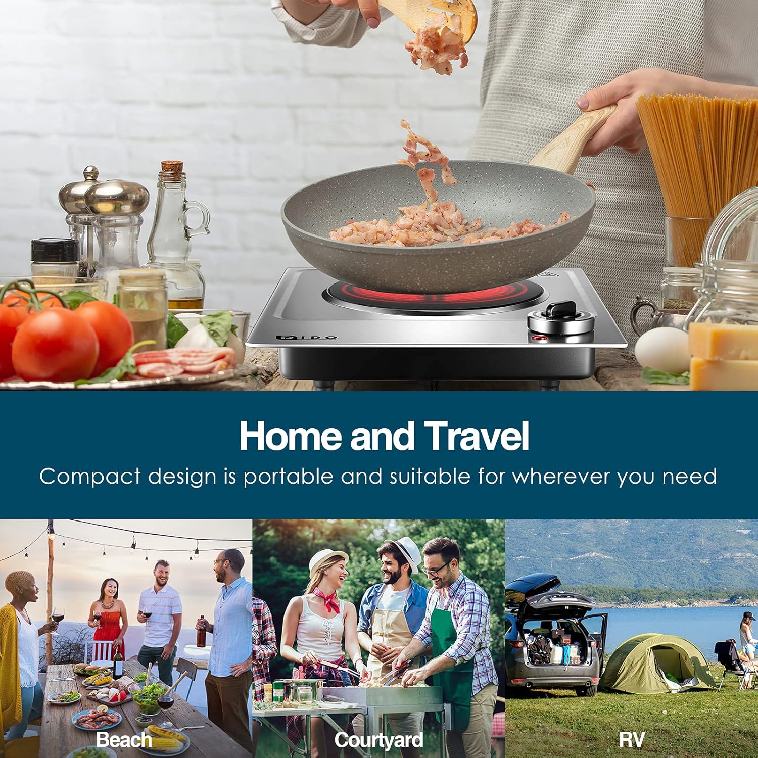 DIDO 1800W Hot Plate, Portable Electric Stove Countertop Cast-Iron Double Burner with Adjustable Temperature& Anti-Slip Feet, Stainless Steel Cooktop for Home/Camp/RV, Compatible for All Cookwares