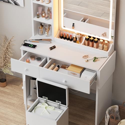 Haewon Makeup Vanity Desk with Mirror and Lights, White Vanity Table with Power Outlet and 3 Lighting Modes, Dressing Table Set with Cabinet Drawers Shelves and Storage Stool for Bedroom