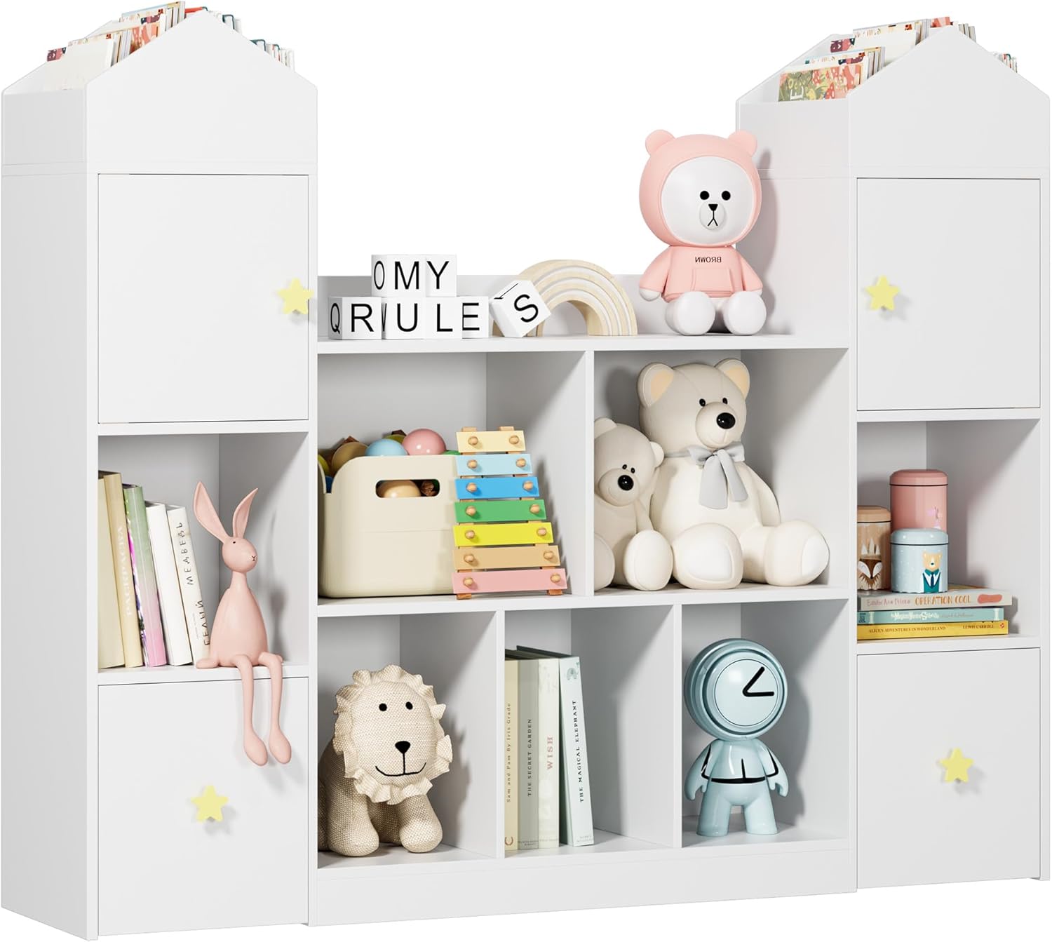 54.5' Toy Storage Organizer, Toy Organizers and Storage Toy Chest with 9 Storage Cubbies and 2 Moveable Drawers, Kids Bookshelf Kids Bookcase with Hidden Wheels for Playroom Bedroom