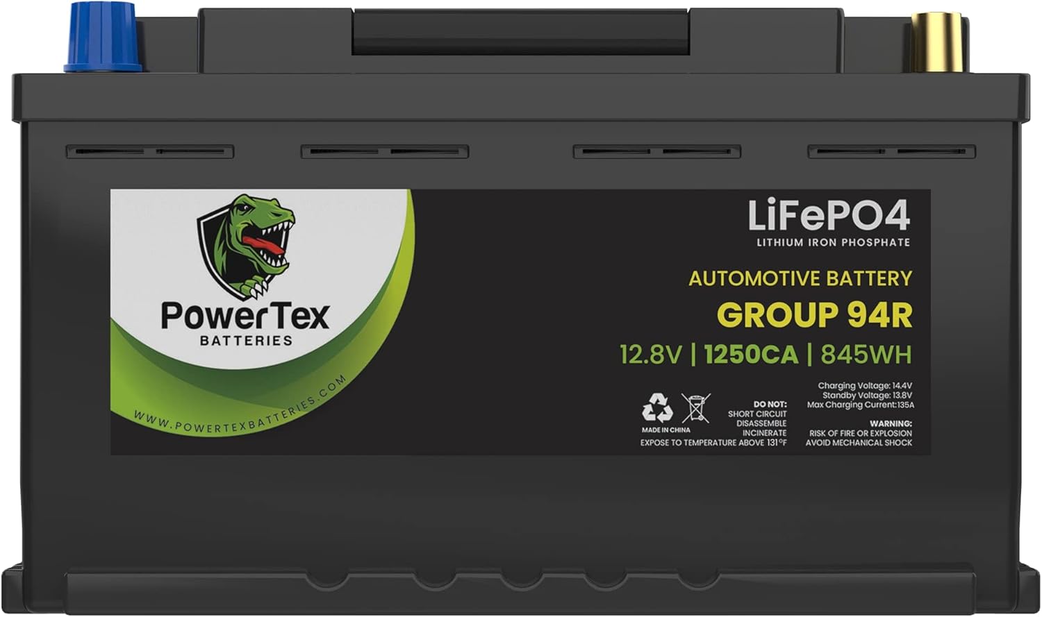 Powertex Batteries Lithium-Ion LiFePO4 BCI Group Size 94R / H7 Automotive Battery - 12.8V 1250CA 590CCA 66Ah 845Wh - AGM & SLA Drop-In Premium Replacement