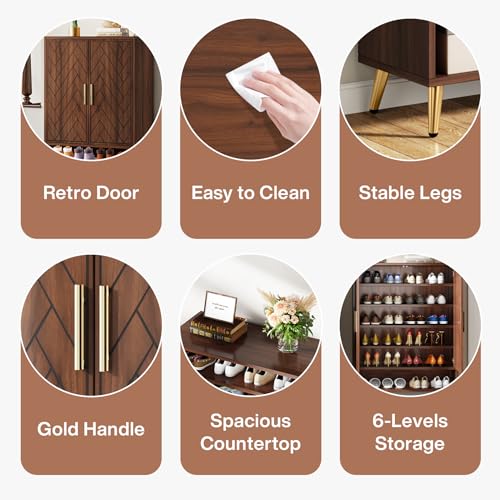 Tribesigns Walnut Shoe Cabinet with Doors, 6-Tier 24 Pairs Shoe Storage Cabinet for Entryway (Brown)