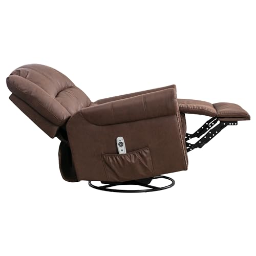 Swivel Rocker Recliner, Leather Recliner Chair with Massage & Heating Function, Manual Recliner Chair with Swivel & Rocking and Reclining, Extra Wide Recliner with Pocket and Nailhead Decor (Brown)