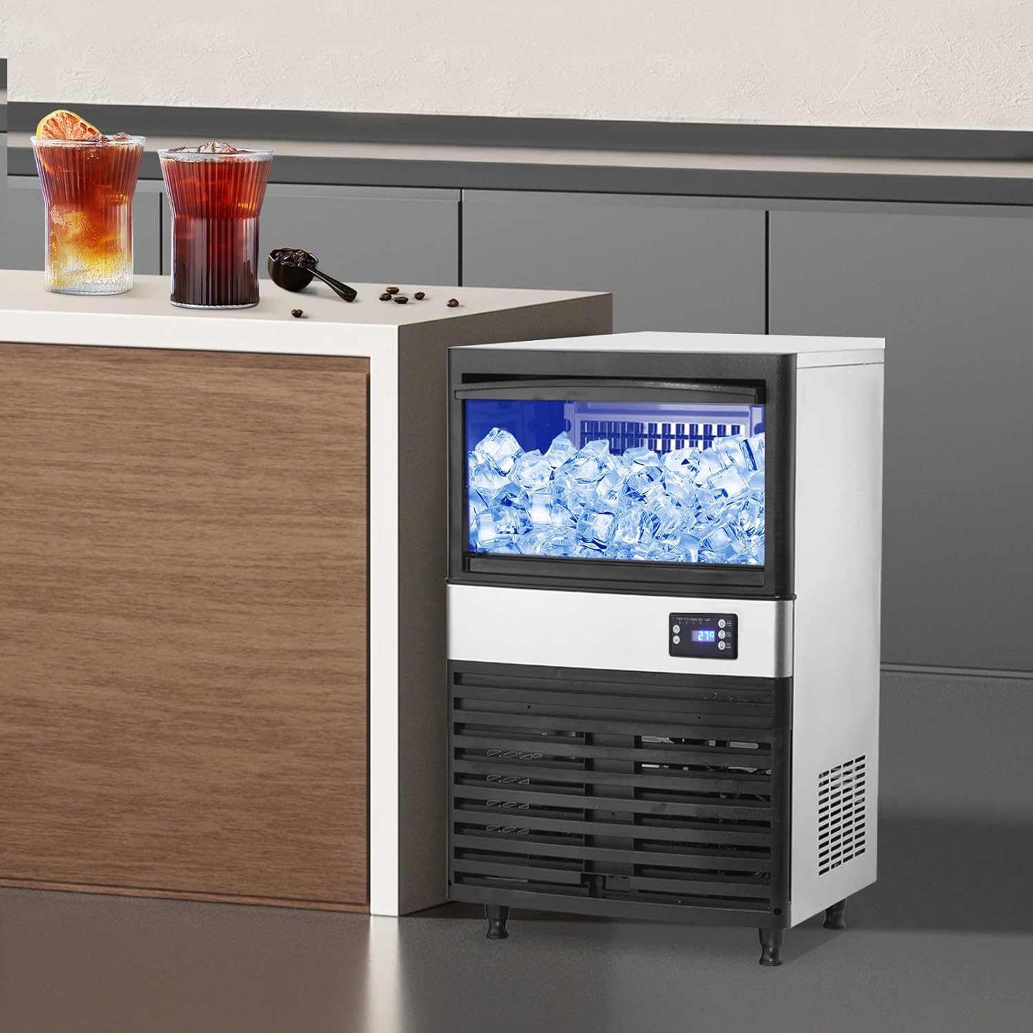 150lbs/24h Commercial Ice Maker with 27lbs Storage Bin, Stainless Steel Under Counter/Freestanding Industrial Ice Machines for Home Restaurant Bar Cafe Office