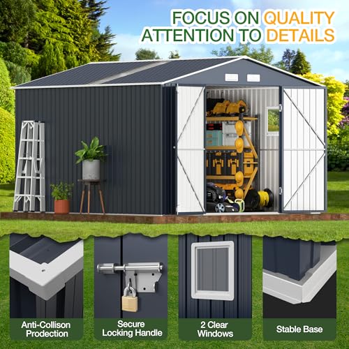 Outdoor Storage Shed 10 x 12ft. Utility Tool Shed Metal Storage Garden Shed with Lockable Doors, Windows & Metal Frame Floor for Patio Storage,Brown