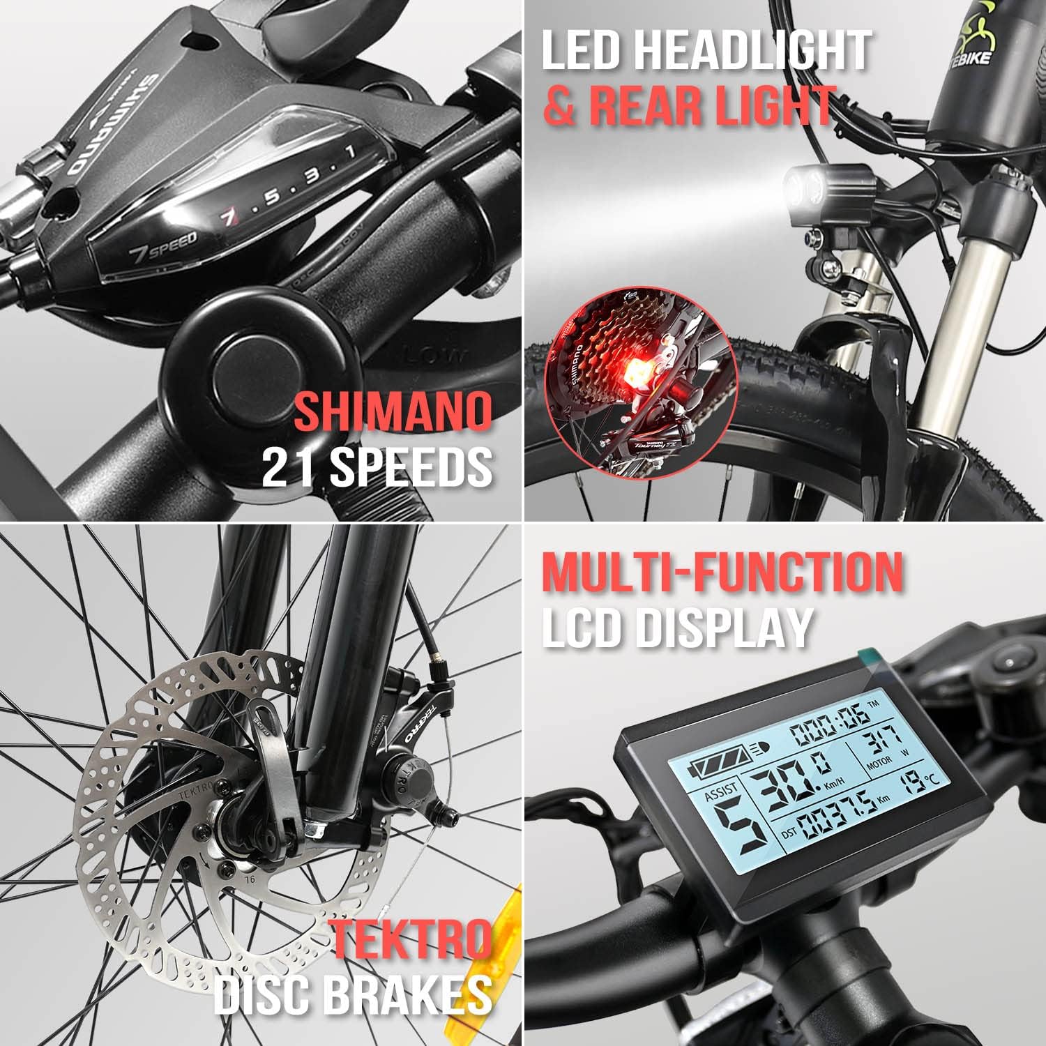 HOTEBIKE Electric Bike for Adults 500W Electric Mountain Bike with 48V 13AH Removable Battery 26" Electric Bicycle Ebike with 21 Speed LED Headlight Rear Light