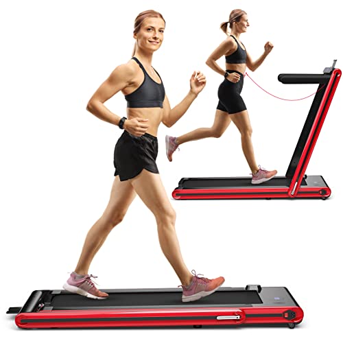 Goplus 2 in 1 Folding Treadmill, 2.25HP Electric Under Desk Treadmill W/LED Display, Blue Tooth Speaker, APP & Remote Control, Phone Holder, Walking Running Machine for Home Office Gym