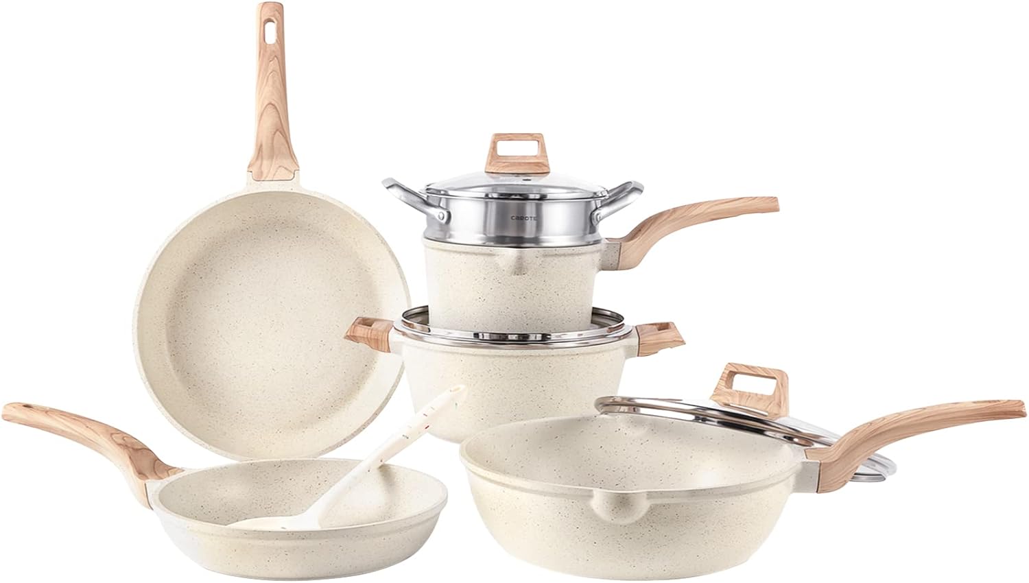 Carote Nonstick Cookware Set,10 Pcs Nonstick Cookware Set Pan and Pot, Essential Woody, Classic Granite