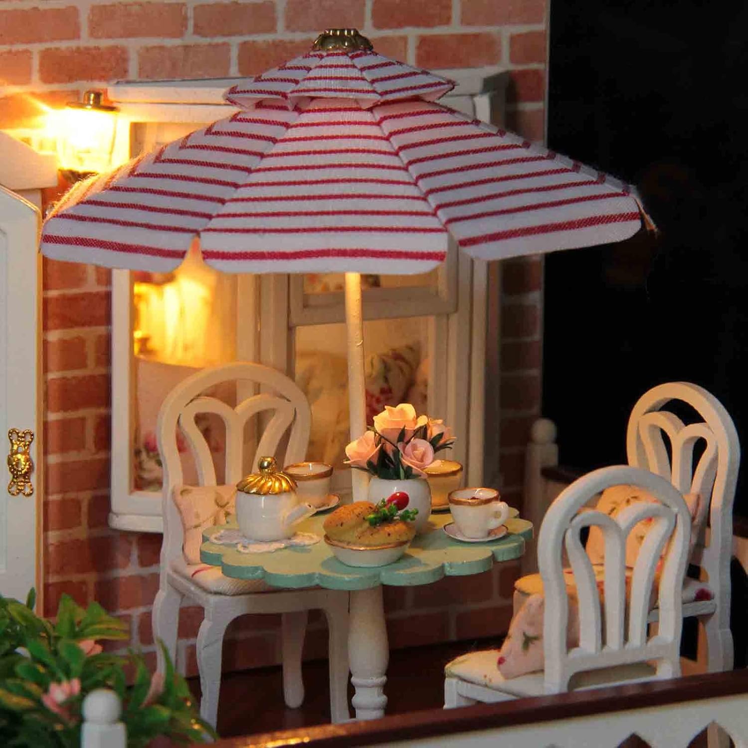 Ogrmar Wooden Dollhouse Miniatures DIY House Kit with Led Light and Dust Cover-Paris Coffee & Cake Shop