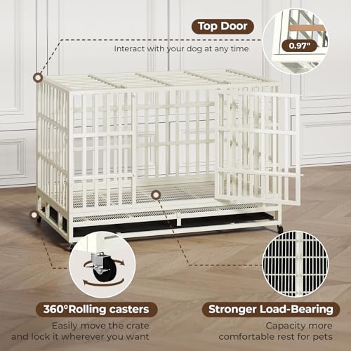 48 Inch Heavy Duty Indestructible Dog Crate Steel Escape Proof, Indoor Double Door High Anxiety Cage, Kennel with Wheels, Removable Tray, Extra Large XL XXL