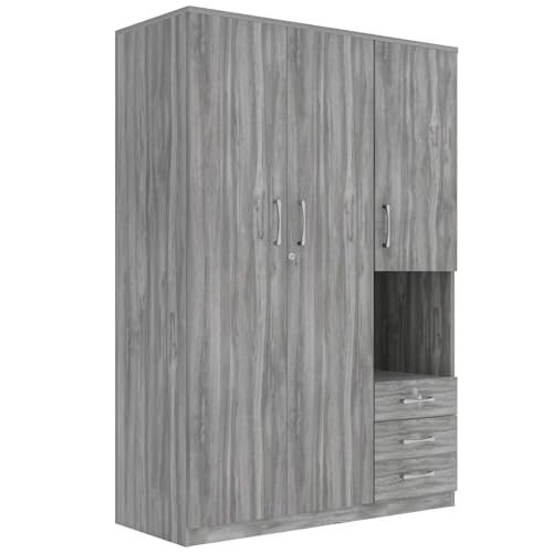 Merax Armoire Wardrobe Closet, 47.2''L*20" D*68.9" H Clothing Storage Cabinet with 6-Tier Shelves and Hanging Rod, Household Wooden Wardrobe Storage Cabinet with 3 Drawers,Grey