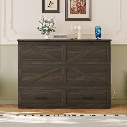 Wooden Murphy Cabinet Bed Frame with Charging Station, Full-Size Foldable Wall Bed with Large Storage Drawer for Home Apartment Limited Living Places, Space-Saving Hidden Bed No Box Spring Needed