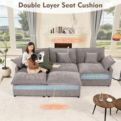 108" U Shaped Couch, Modular Sectional Sofa, 3-Seater Comfy Cloud Couch with Movable Ottoman, Deep Seat Couches for Living Room, Chenille, Black
