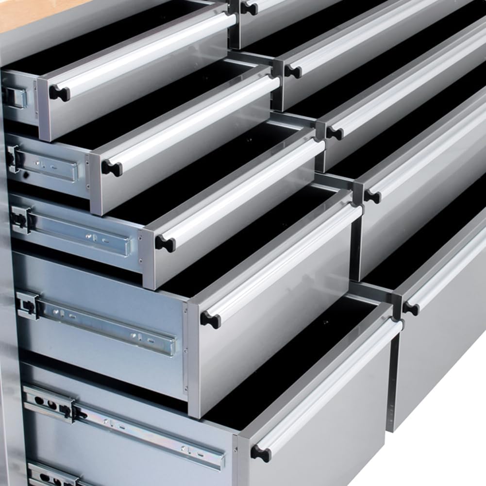 72-inch Stainless Steel Tool Chest with Wheels, 15 Drawers Rolling Storage Tool Cabinet, Heavy Duty Workbench Table with Wood Top, Lock and Liner, for Garage, Warehouse, Workshop