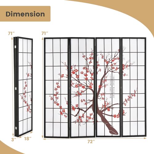 GOFLAME Japanese Style 4 Panel Room Divider, 6ft Folding Shoji Screen Room Partition with Plum Blossom Design, Solid Wood Frame, Freestanding Wall Divider, Indoor Room Separator for Home Office