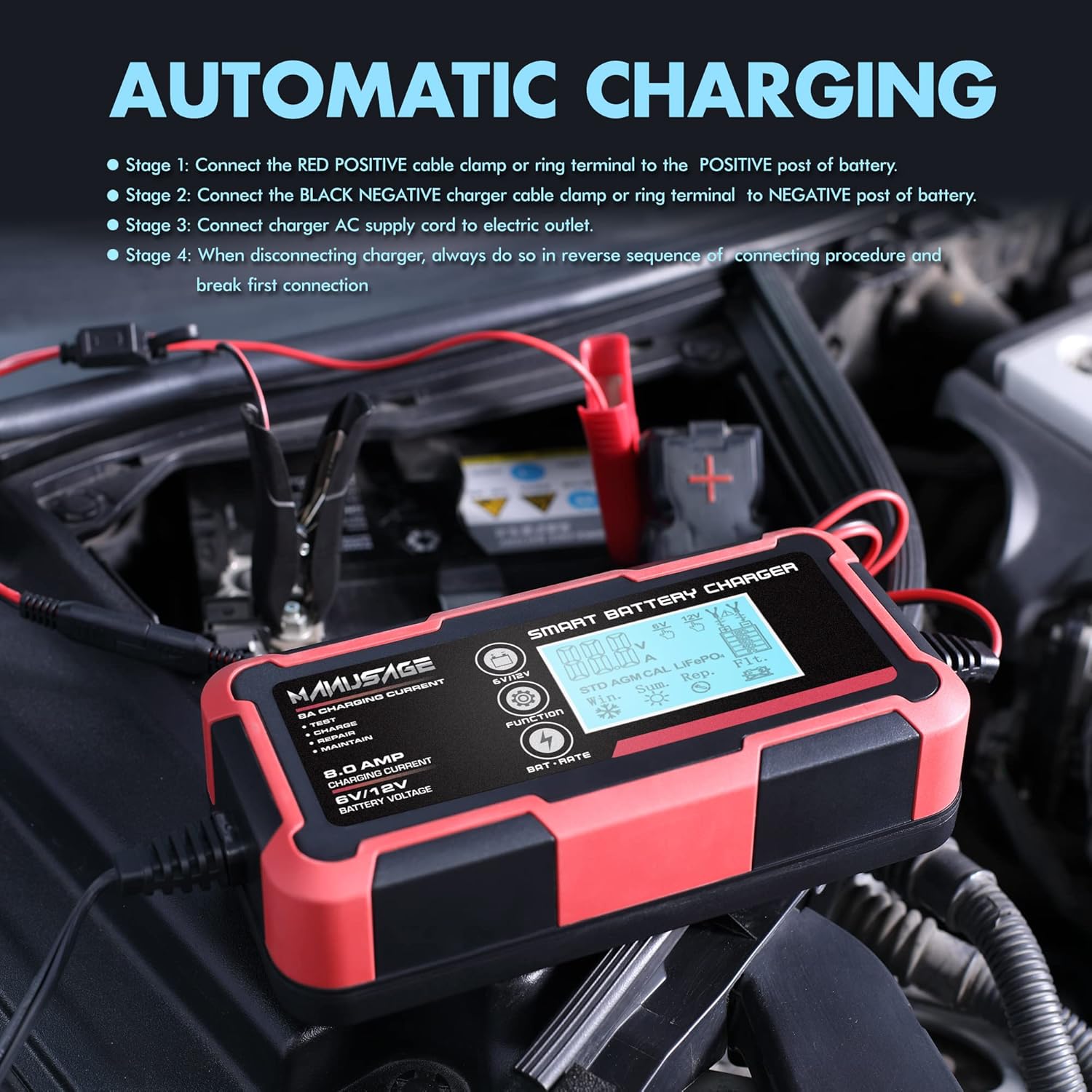 Manusage 8-Amp Fully-Automatic Smart Charger, 6V and 12V Portable Battery Charger, Battery Maintainer, Trickle Charger, and Battery Desulfator with Temperature Compensation