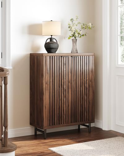 LITTLE TREE 6-Tier Shoe Cabinet with Doors for Up to 24 Pairs, Large Wooden Shoe Storage Cabinet with Adjustable Shelves, Retro Freestanding Shoe Organizer Cabinet for Entryway, Hallway, Dark Walnut