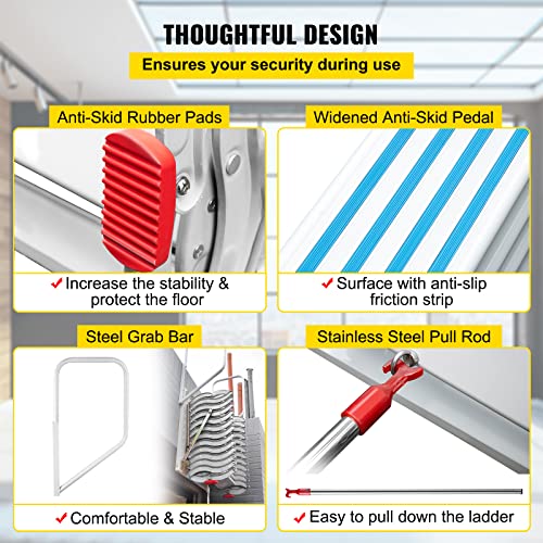 VEVOR Attic Steps Pull Down 12 Steps Attic Stairs, Alloy Attic Access Ladder, Blue Pulldown Attic Stairs, Wall-mounted Folding Stairs for Attic, Retractable Attic Ladder with Armrests, 9.8 feet Height