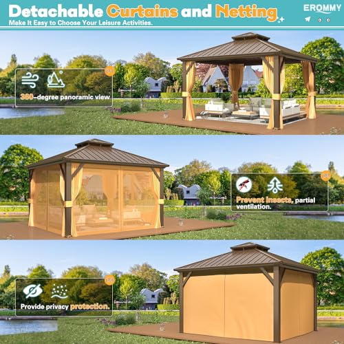 EROMMY 14'x20' Hardtop Gazebo Double Roof Galvanized Steel Canopy Outdoor Aluminum Frame Permanent Metal Pavilion with Netting and Curtains for Patio Backyard Deck and Lawns