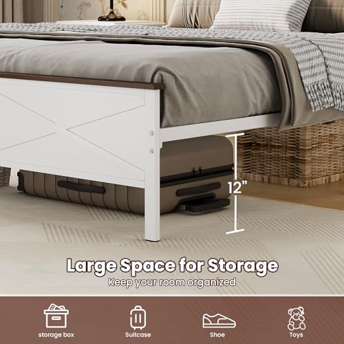 VOPEAK Farmhouse Queen Bed Frame with Headboard and Footboard, Bed Frame Queen Size Metal Platform with Under Bed Storage, Noise Free, No Box Spring Needed, Easy to Install, Sturdy & Stable, White