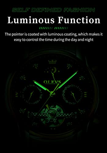 OLEVS Automatic Watches for Men Diamond Luxury Dress Tourbillion Moon Phase Two Tone Stainless Steel Luminous Waterproof Men Wrist Watch