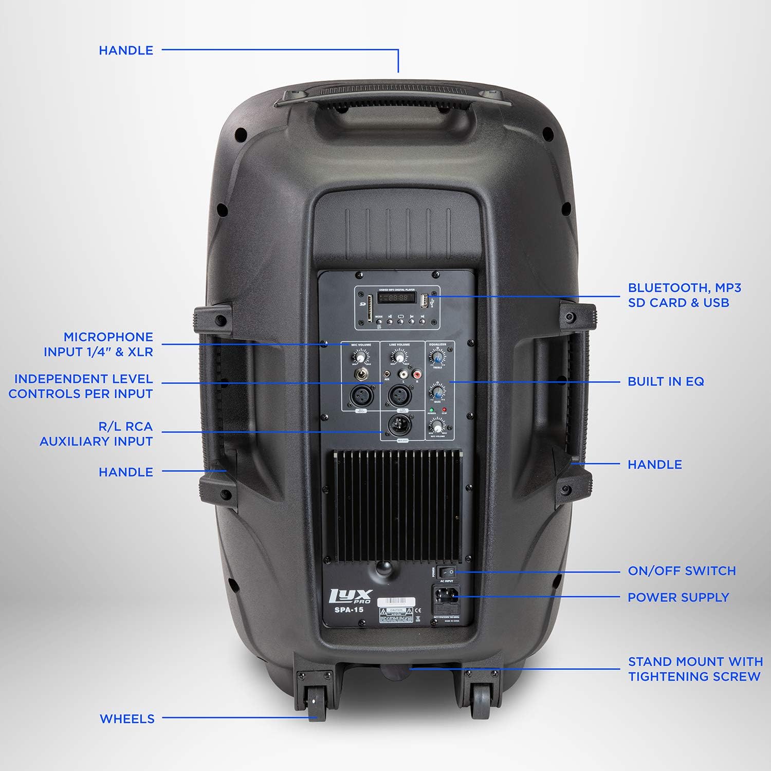 LyxPro SPA15 15 Portable PA Speaker System With Metal Tripod Stand Combo Kit Power Active Power Amplifier Equalizer Bluetooth SD Slot USB MP3 XLR 1/4 1/8 3.5mm Inputs Remote Control Carry Handles
