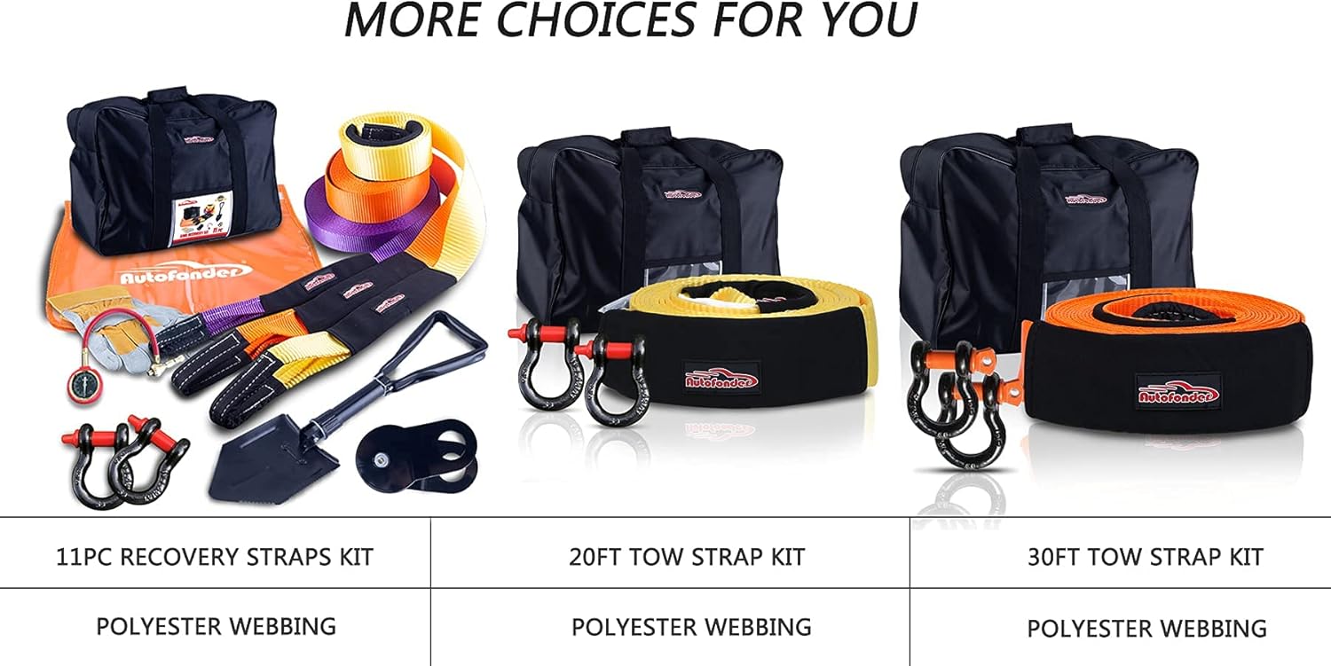 Autofonder Heavy Duty Tow Strap 12T Recovery Kit: 4WD Tow Strap + 3/4 Bow Shackle (2pcs) + Storage Bag (20ft)