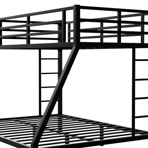 Full XL Over Queen Metal Bunk Bed, Heavy Duty Metal Bunk Beds Frame with 2 Ladder for Kids Adults, No Box Spring Needed/Space-Saving/Noise-Free, Black (Full XL Over Queen)