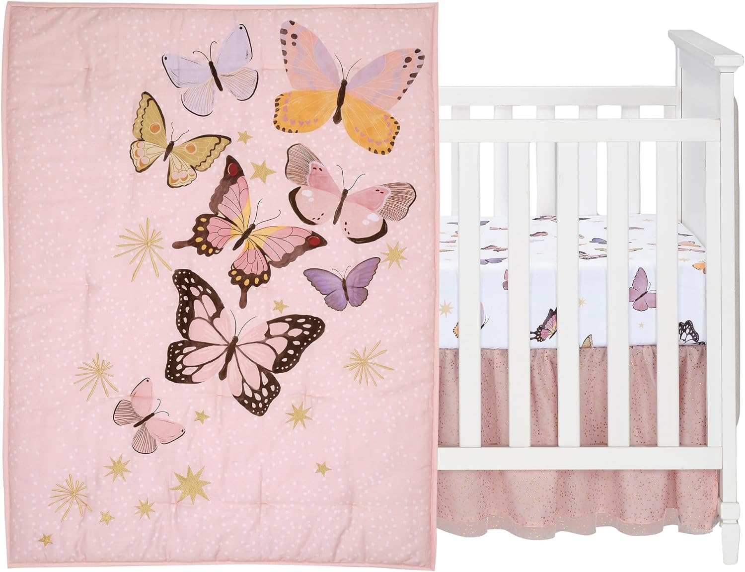 Lambs & Ivy Butterfly Dreams Pink/Gold 3-Piece Nursery Baby Crib Bedding Set