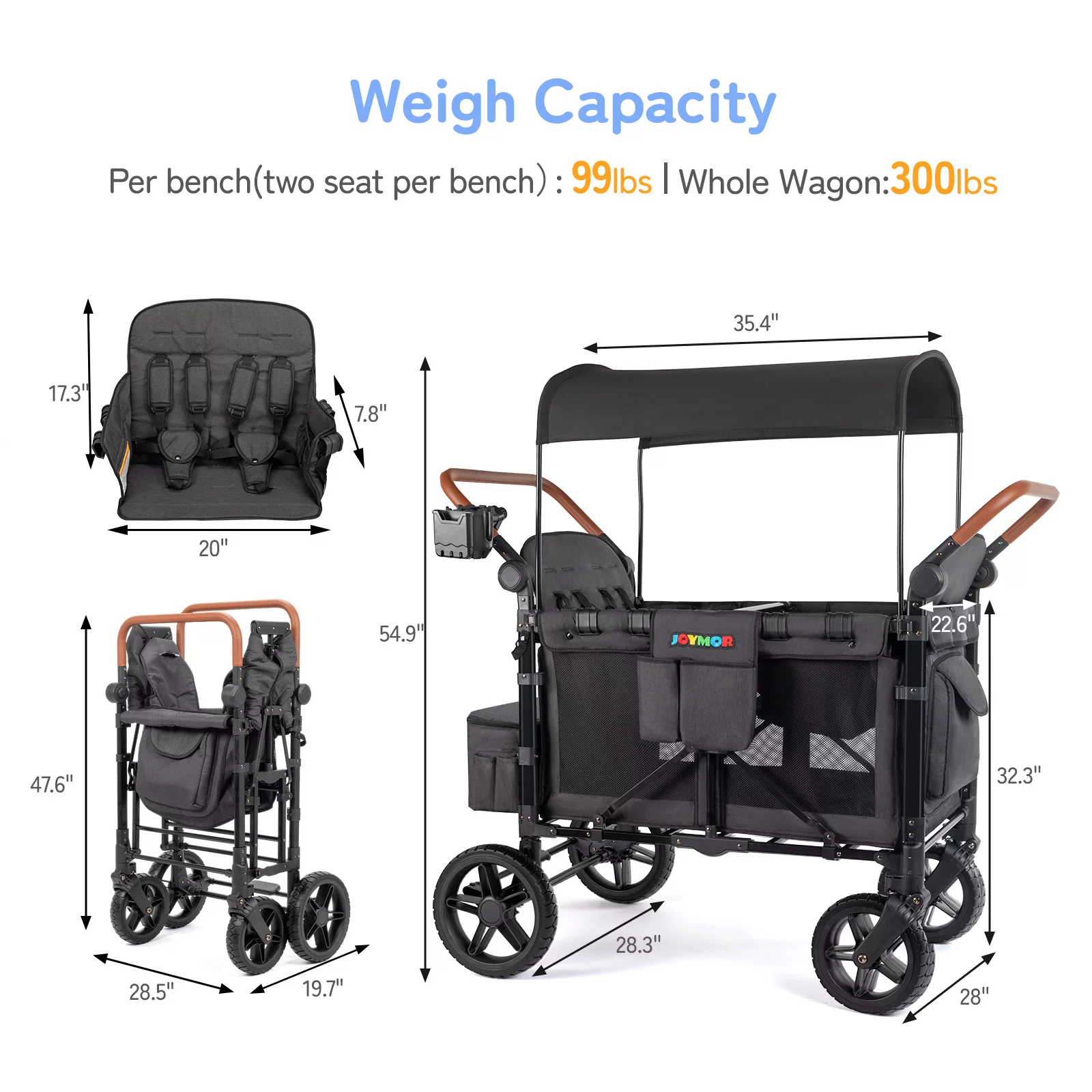 JOYMOR Stroller Wagon for 4 Kids, Luxury 4 Seater Wagon Stroller, Features Rubber Wheel,5-Point Harnesses, Double Side Handles, Adjustable/Removable UV-Protection Canopy
