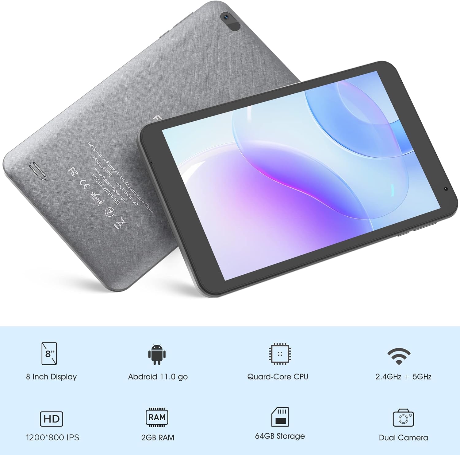 Tablet 8 inch Android Tablet, FANGOR Computer Tablet, Android 11.0 Tablet Quad-Core Processor 32GB Storage Tablet Computer, 2GB RAM, 5G WiFi, Bluetooth 5.0, Dual Camera (Silver Grey)
