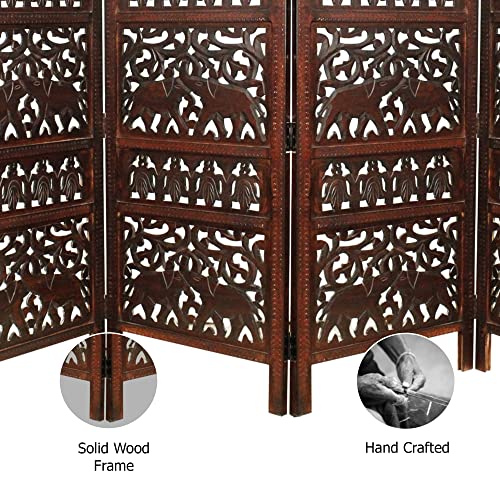 Room Divider Wood Screen - Ghanti Bells Antique Brown - 4 Panel Folding 72 x 80 - Assembled Hand Carved Decorative Functional Versatile Portable Partition Reversible Privacy Boho - COTTON CRAFT