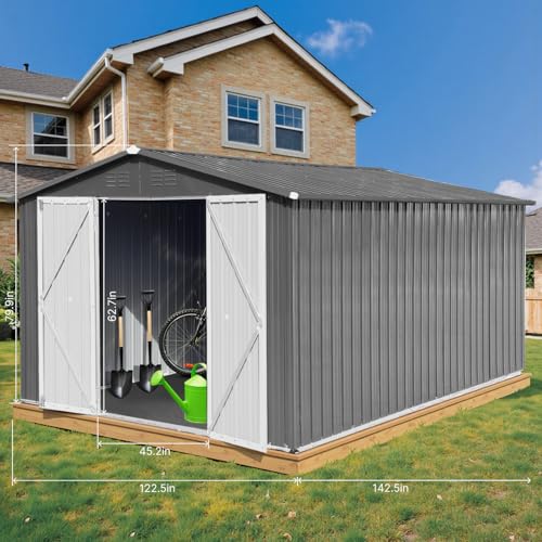 10' x 8' Large Outdoor Storage Shed, Sturdy Metal Building w/Windows & Lockable Doors for Garden, Backyard, Poolside and Lawn, Grey