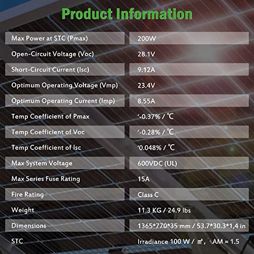 JJN Bifacial 200 Watt Solar Panel 12V 10BB Monocrystalline Solar Panels High Efficiency Solar Module for RV Home Battery Charging Farm Trailer Camper Marine Off Grid System Single Piece