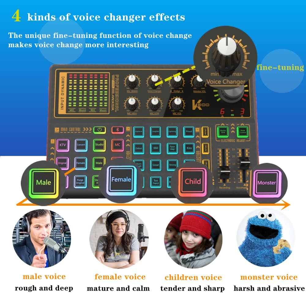 Sound Mixer Board, LED Light Voice Changer Sound Card with Multiple Sound Effects - Live Sound Card for Live Streaming, Audio Mixer for Music Recording Karaoke Singing Broadcast on Cell Phone Computer Pack of 2