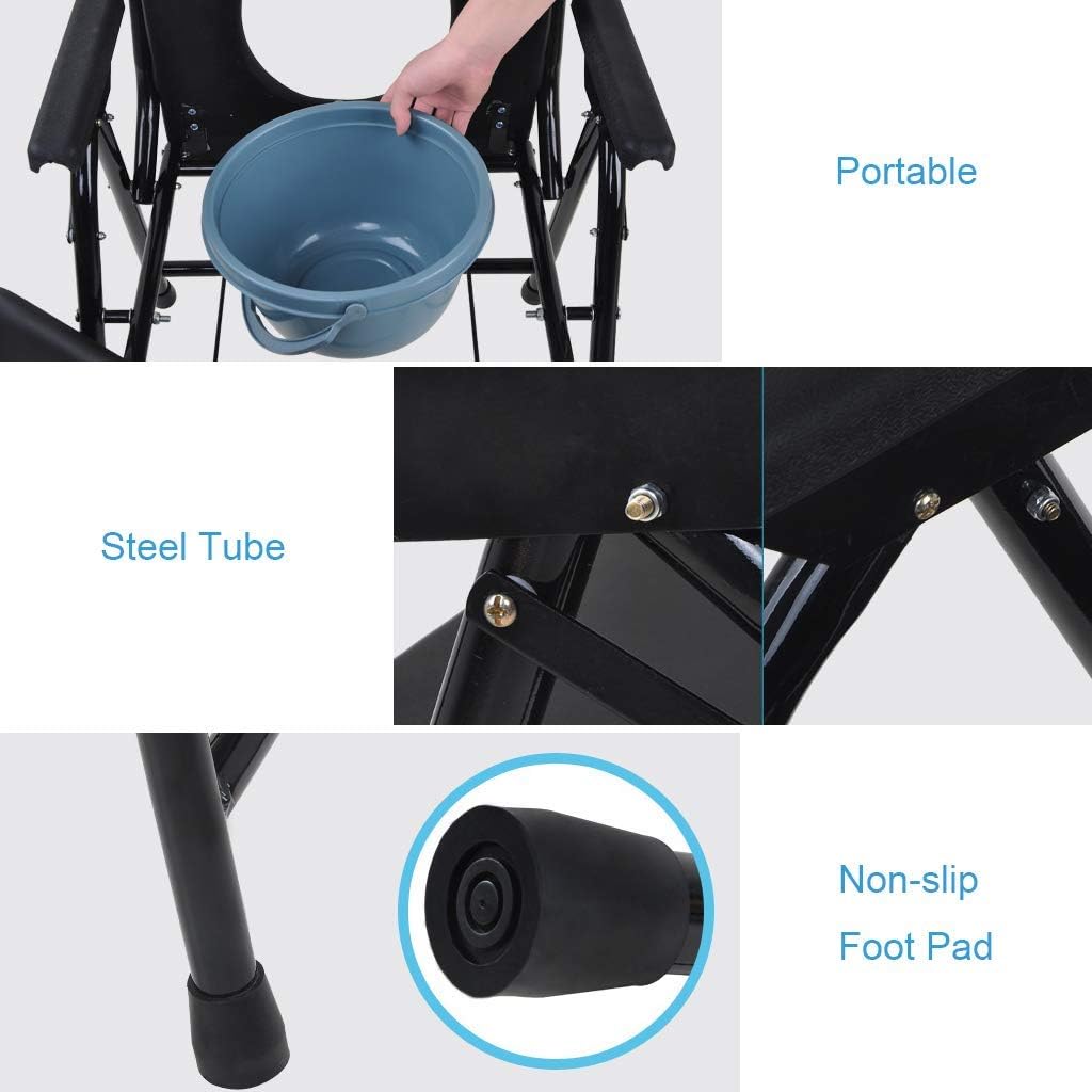 KOHARA Folding Commode Chair Bedroom Toilet Seat for Adults, Handicap, Elderly Disabled Portable Toilet Chair Stool Safety Frame Rails Bedside Shower Chair